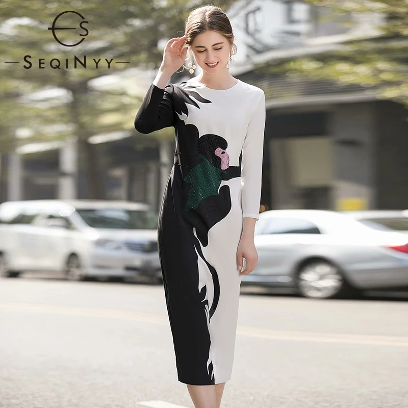 

SEQINYY Office Lady Dress 2020 Summer Spring New Fashion Design Women Contrast Color Animal Print Midi Dress Sheath