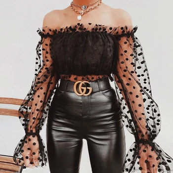 

Off Shoulder Sexy Crop Tops Polka Dot Lantern Sleeve Women Mesh Blouse Ladies White Black Transparent Club Tops Shirts Female