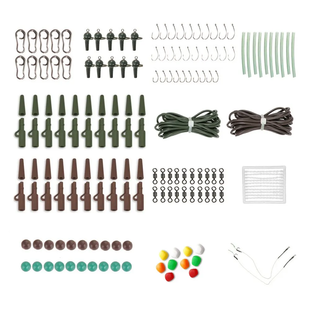 155PCS Fishing Tackle Box New Carp Weights Safety Clips Hooks Swivels Hair Rigs 6mm Rubber Beads Shrink Tubing Spiral Sleeves