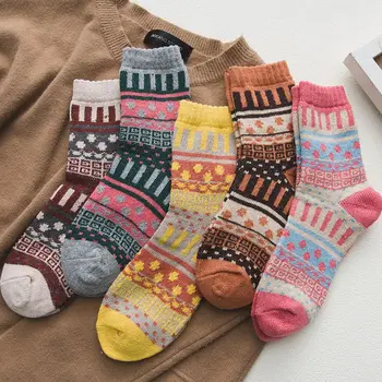 

5 Pairs Women Girl Unisex Socks Wool Warm Winter Thick Vintage Geometry Printing