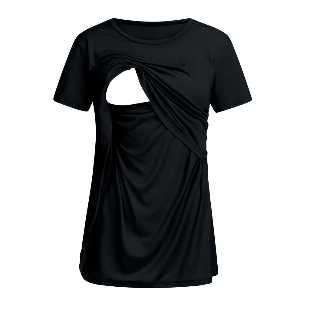 XXXL Женские топы с короткими рукавами для кормящих матерей, Однотонная футболка для грудного вскармливания(черный цвет - Цвет: XXXL