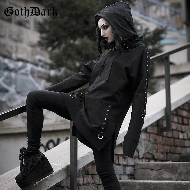 Goth Dark Vintage Black Grunge Gothic Sweatshrit Women Harajuku Punk Rivet Patchwork Fall 2019 Hoodies Pocket Hole Bandage Chic Goth Dark Vintage Black Grunge Gothic Sweatshrit Women Harajuku Punk Rivet Patchwork Fall 2019 Hoodies Pocket Hole Bandage Chic