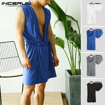 

INCERUN Man Solid Color Open Stitch Sexy Sleep Robes 2 Pieces Men Sleep Robe Sets Sleeveless Hooded Tops Short Bottoms Sleepwear