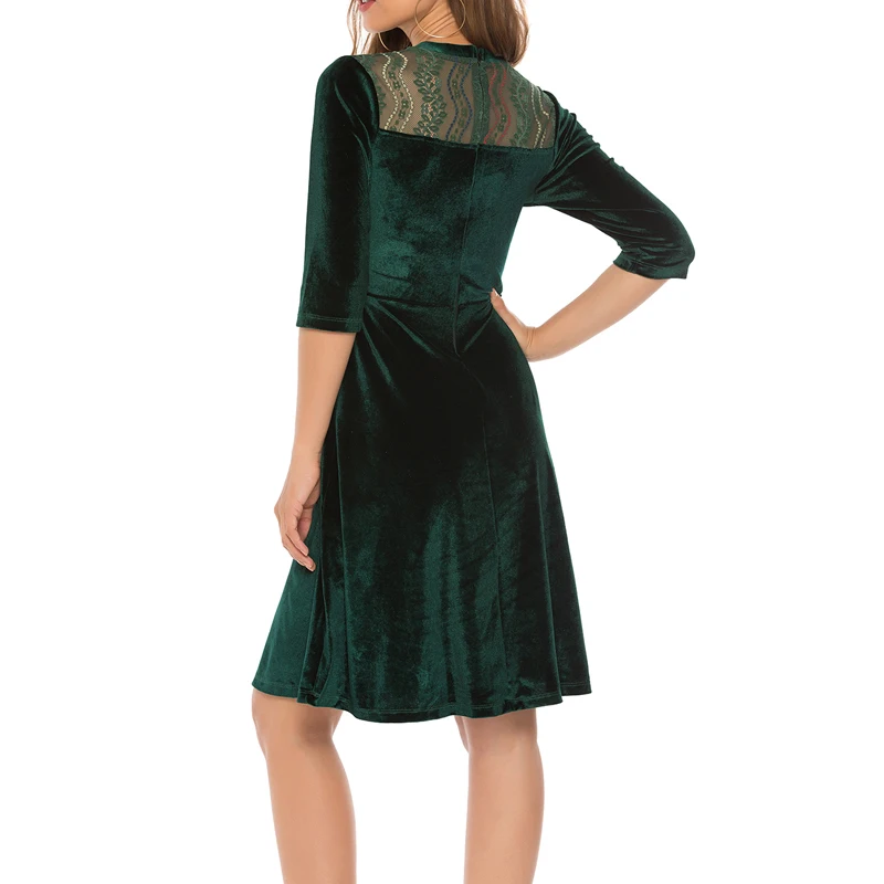 MISSJOY Vintage Party Autumn Women Dress O-Neck Patchwork Lace Hollow Out Half Sleeves Casual Winter Velvet Elegant Knee-Length