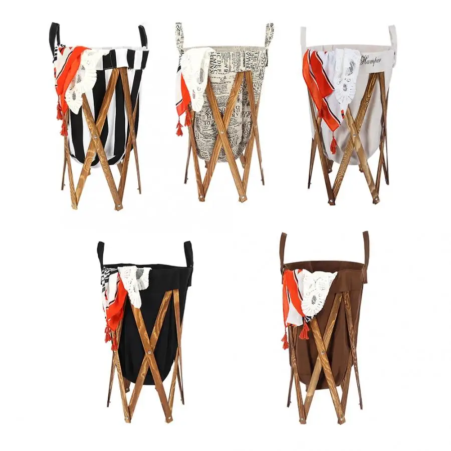 Foldable Laundry Hamper Basket with Wooden Frame Dirty Clothes Bag for Home Use