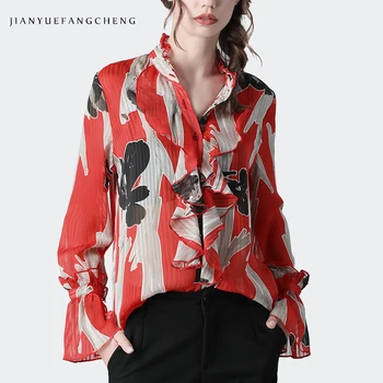 

Fashion Printed Chiffon Shirt Women New 2020 Spring Flare Sleeve Stand Collar Ruffles Top Loose Plus Size Single-breasted Blouse