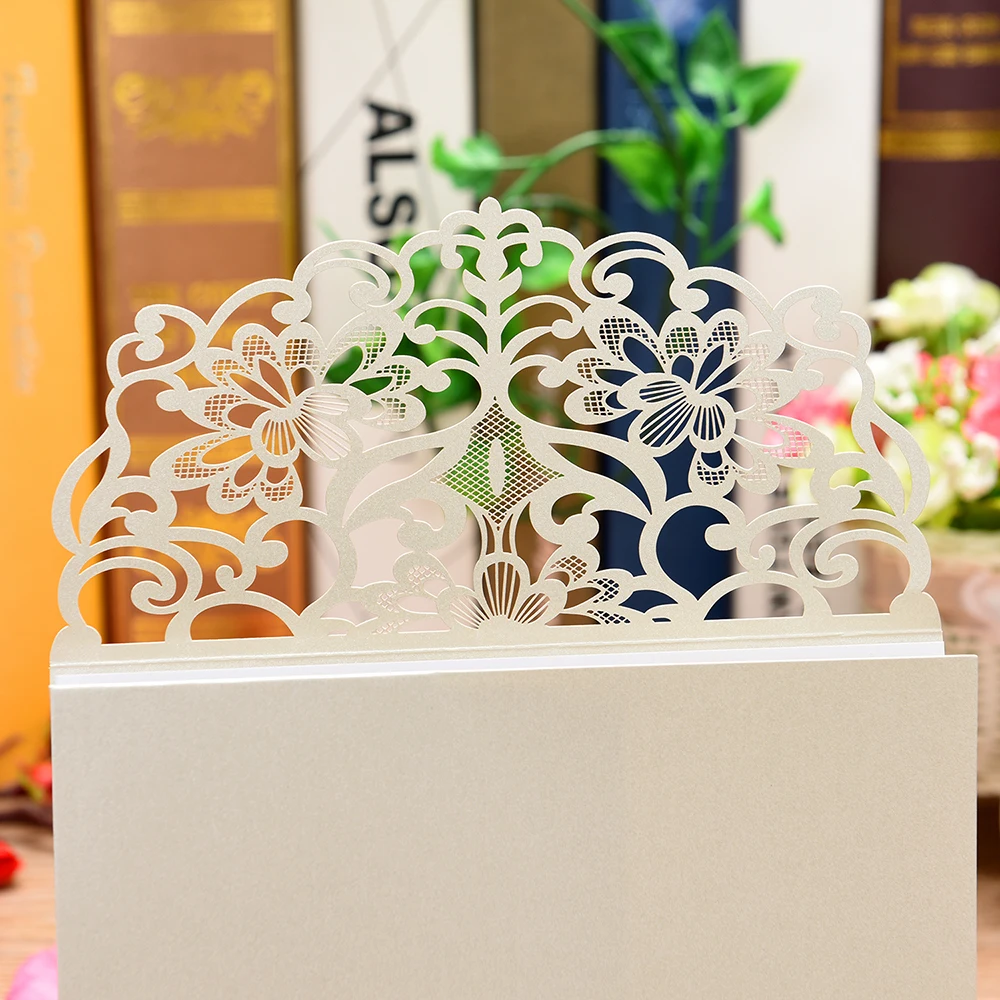  10pcs Pearl Paper Floral Laser Cutter Wedding Invitation Cards Invitation Holders with Blank Inner  - 4.00032E+12