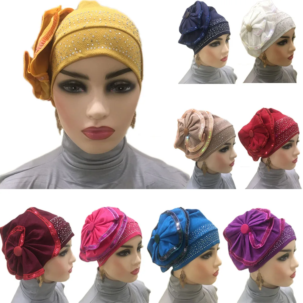 New Muslim Hijab Flower Ruffle Chemo Hat Women Turban Headband Scarf Beanie Cap for Cancer Patient Sequins Rhinestone | Тематическая