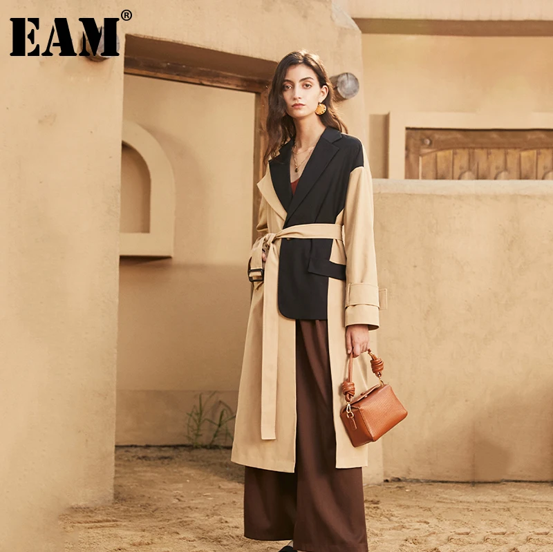 [EAM] Women Khaki Irregular Split Big Size Trench