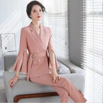 

Women 2020 New Fashion Pants Suit Temperament Elegant Formal Split Sleeve Blazer and Pants Office Ladies Work Wear Suits Set