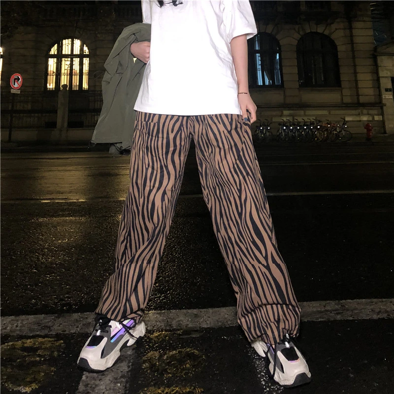 

2020 Summer Casual Women Pants Street Hip-hop Harajuku Style Zebra Pattern Straight Wide-leg Pants Bf Lazy Tooling Trousers Tide