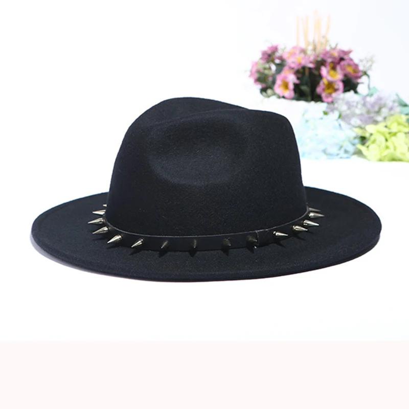 Шерстяная шляпа fedora фетровая шляпка с широкими полями женская Трилби Chapeu Feminino шляпа Женская Мужская Джаз заклепки декоративные Fedora LM027