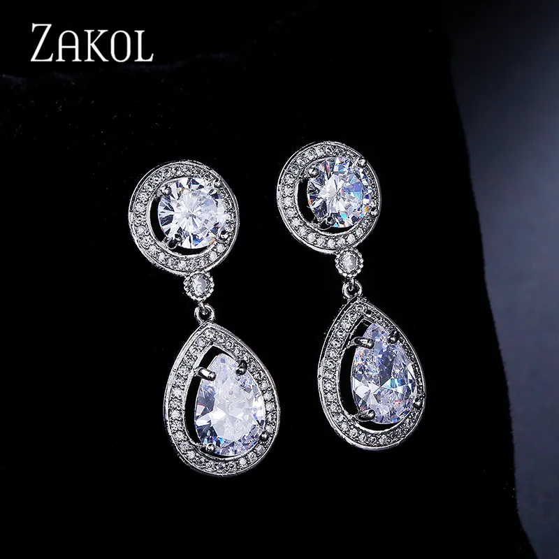 Классические висячие серьги ZAKOL из розового золота и белого кубического циркония, длинные висячие серьги для женщин, вечерние ювелирные изделия FSEP2036