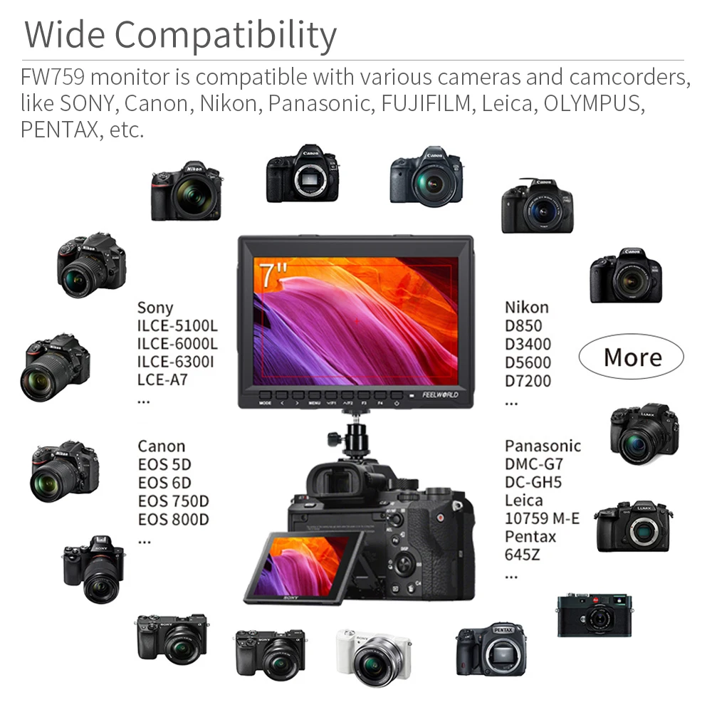 FEELWORLD FW759 7 дюймов для однообъективной цифровой зеркальной фотокамеры камера полевой монитор 4K HDMI AV вход ips HD 1280x800 ЖК-дисплей видео помощь для Sony Nikon Canon
