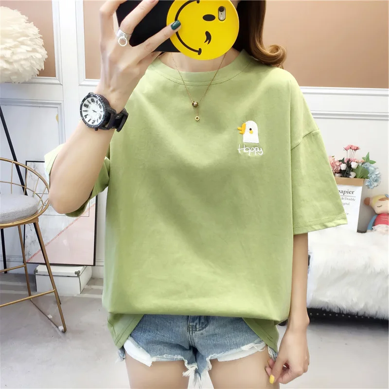 Футболка женская универсальная свободного покроя с вышивкой и коротким