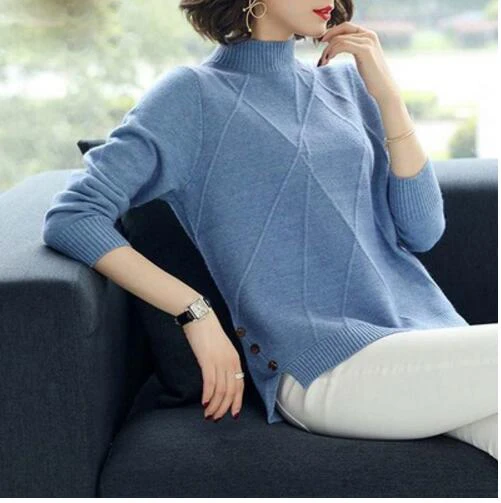 Beautiful Pink Turtleneck Sweater Women Autumn Winter Long Sleeve Pullover Sweater Female Knitted Tops Jumper Ladies - Цвет: Синий