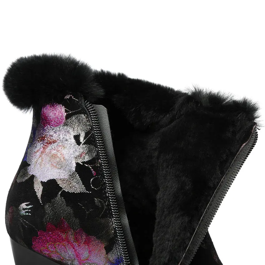 Women Black Genuine Leather High Heel Riding Boots High Top Warm Rabbit Fur Platform Pumps Shoes Pointed Toe Winter Snow Boots