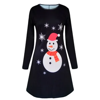 

Christmas Dress Vintage Retro Women A-Line Winter New Year snowmen Print Party Dress costumes