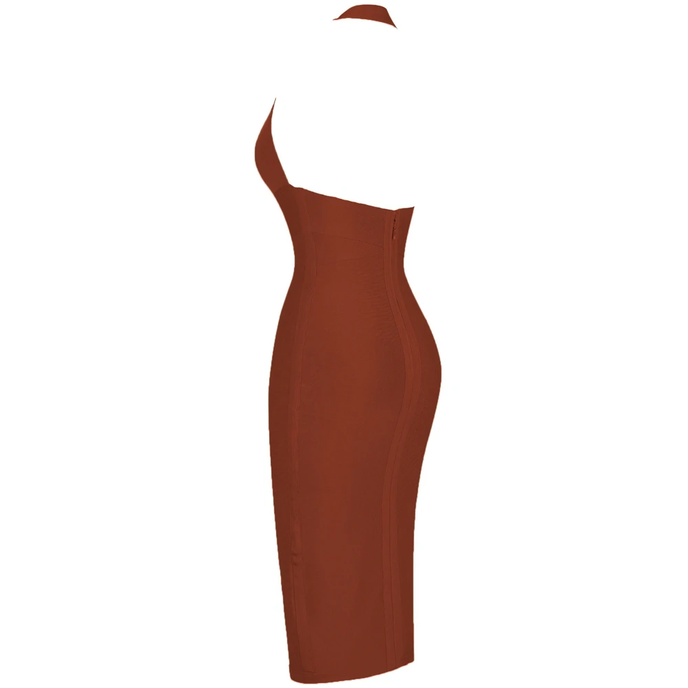 Ocstrade коричневый Холтер без рукавов выше колена спинки Бандажное платье PF19008-Brown