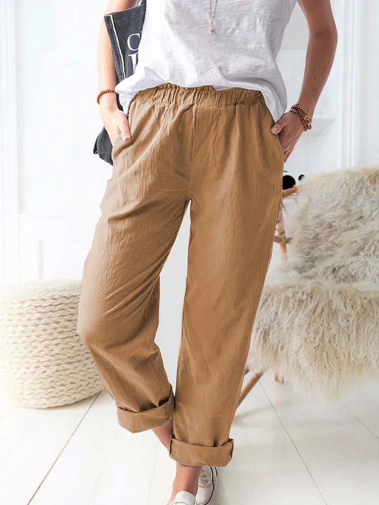 Cotton Linen Elastic Waist Solid Color Straight Pocket Long Pants Women Summer Plus Size Streetwear Beach Casual Loose Trousers plus size capris