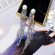 Новая мода инкрустированные горный хрусталь личности длинный темперамент жемчужные серьги вечерние украшения серьги