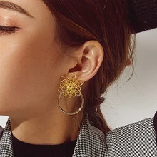 YMYW, трендовые Роскошные серьги-гвоздики с растительным цветком, очаровательные медные 16 k позолоченные металлические круглые серьги геометрической формы для женщин Orecchini