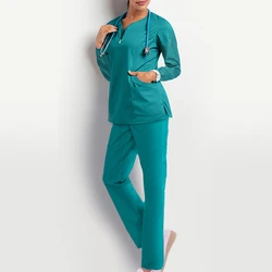 S-3XL 6Colors Quick Dry V-neck Long Sleeve Top Pants With Pocket Nurse Working Uniform Scrubs Set Breathable Medical Doctor Suit