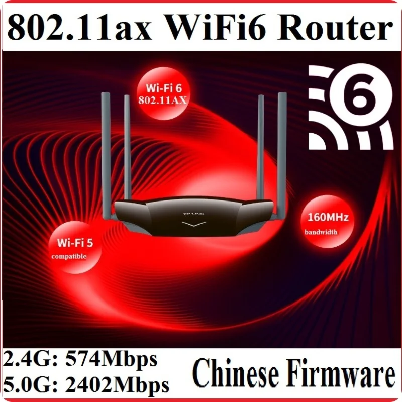 

Chin-Firmware, 4 Antennas WiFi6 Wireless Router 802.11AX Double bands 2.4GHz 574M + 5GHz 2402M, 4 Gigabit ports, AX3000 Wi-Fi 6