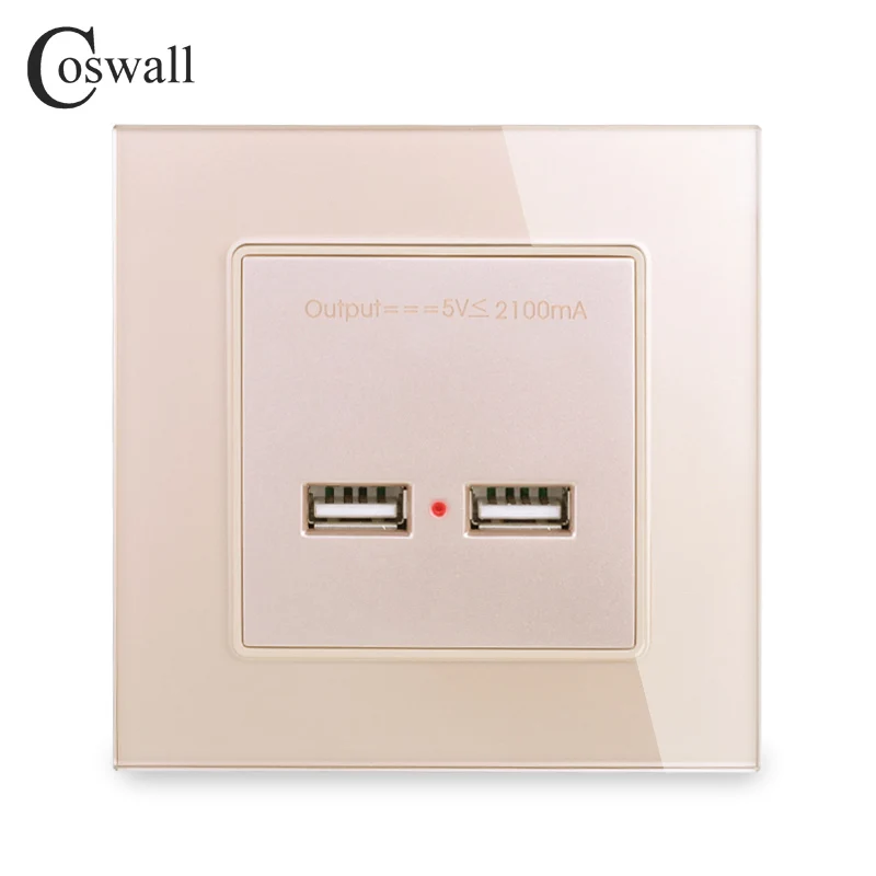 COSWALL настенная розетка с двумя usb-разъемами, умный индукционный зарядный порт для мобильного телефона 5 в 2,1 А, Выходная панель из закаленного стекла