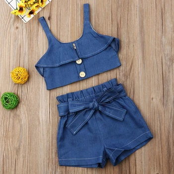 

Summer Girls' Clothing Sets European & American Denim Suspender T-shirt+ Shorts 2PCS Baby Kids Clothes Suit Children Clothing