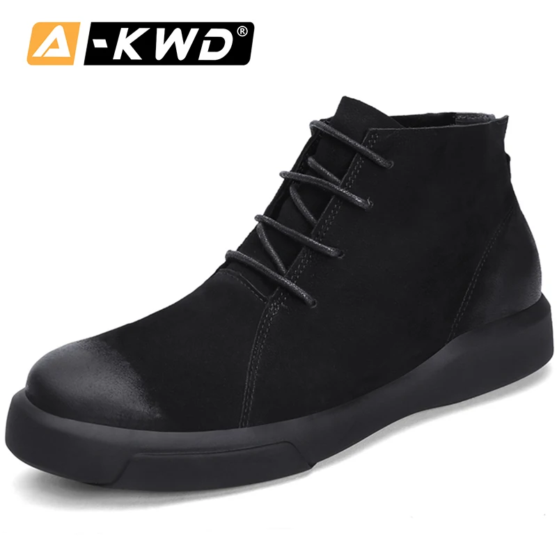 Black-Fur Модные высокие кроссовки; мужская кожаная обувь; зимние мужские ботинки на шнуровке; Chaussures Homme Hiver; коричневая рабочая обувь; водонепроницаемые мужские ботинки - Цвет: Black-Fur
