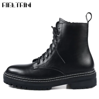 

RIBETRINI Low Heel Brand Fashion Shoes Genuine Leather Round Toe Seing shoes lace Motorcycle Women Boots Autumn Boots