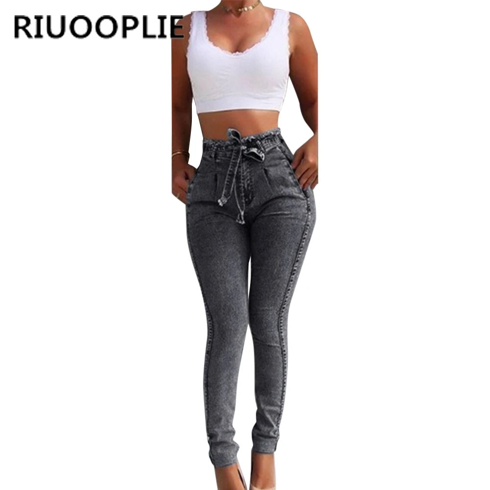 RIUOOPLIE, новая мода, Осень-зима, женские джинсы, тонкий эластичный пояс с бахромой, джинсы с высокой талией, сексуальные длинные одноцветные джинсы большого размера