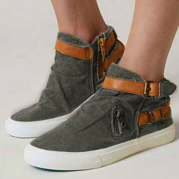 

High Top Canvas Shoes For Women Big Size 41-43 Fashion Zipper Denim Shoe Girls Sneakers 2019 Spring/Autumn Strap