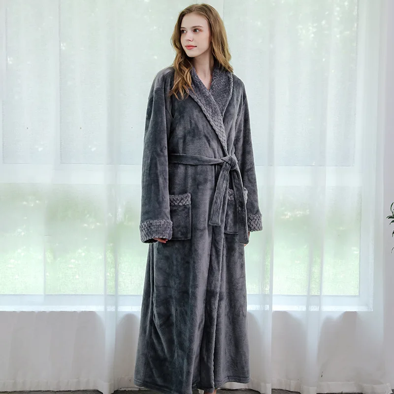 women grey Фланелевый Халат для влюбленных размера плюс, удлиненный теплый Халат с капюшоном для мужчин и женщин, плотное зимнее кимоно, банный халат, мужской халат, халаты - Цвет: women grey