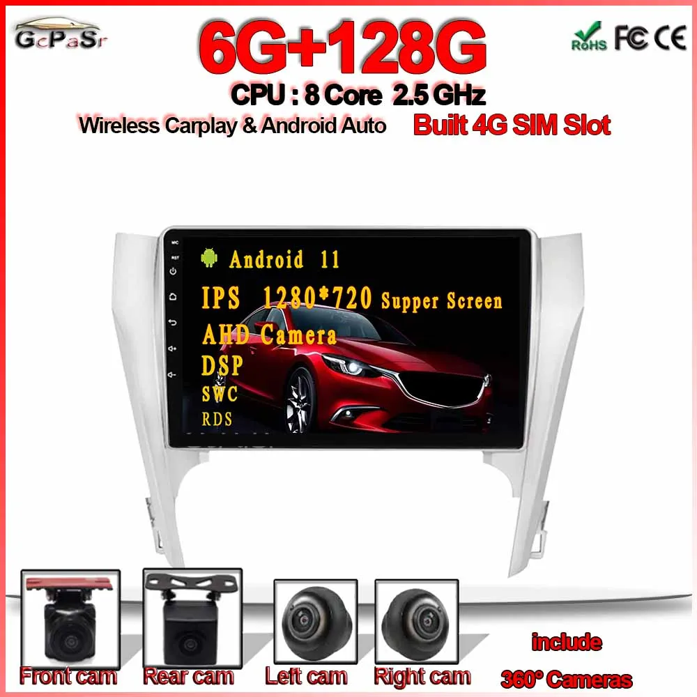 6+128G DSP IPS Android 11 Car Radio For Toyota Camry 7 XV 50 55 2015-2017 GPS Navigation WiFi Bluetooth DVR Dual Lens | Автомобили и