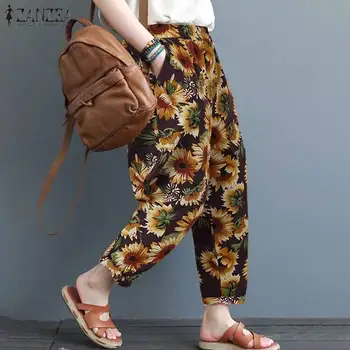 

ZANZEA Women Cotton Linen Pants Vintage Sunflower Printed Harem Pants Autumn Trousers Elastic Waist Turnip Streetwear Pantalon