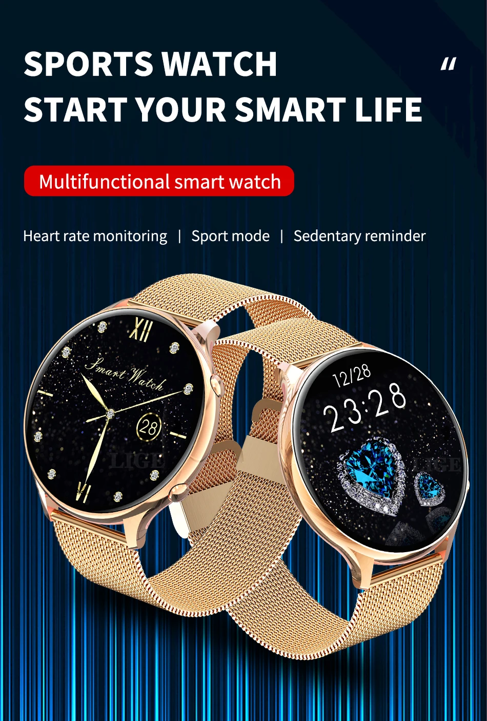 LIGE 2022 Fashion Smart Watch Women Fitness Bracelet Heart Rate Blood Pressure Monitoring Sports Tracker Ladies Smartwatch + Box