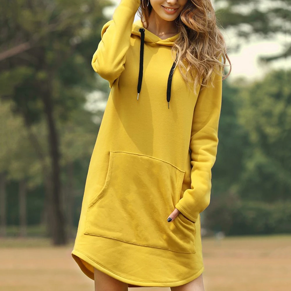  Hoodie Dresses Women Autumn Casual Solid Long Sleeve Loose Pullovers Hooded Pocket Dress Sweatshirt