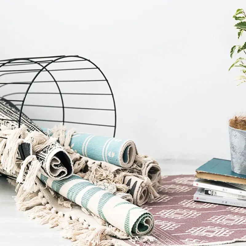 Cotton Linen Tassel Carpet Fabric Rug Mat Bedroom Door Blanket Tea Area Home hand-woven tassel design Carpet Rug