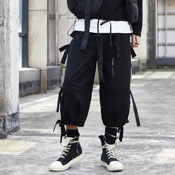 Мужские штаны в японском стиле с черной лентой, свободные повседневные штаны, Мужская Уличная одежда в стиле хип-хоп, панк, готика, шаровары
