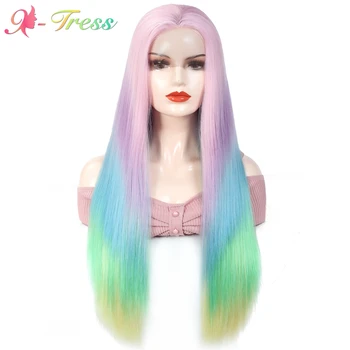 

Trendy Lace Front Synthetic Wig For Women Free Part Pinkshine Blue Green Yellow Colored X-TRESS Cosplay Hair Wigs Heat Resistant
