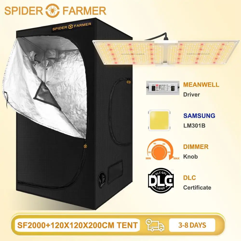 Spider Farmer SF 2000 Samsungled LM301D  Led Grow Light Dimmable and 120x120 Reflective Aluminum Grow Tent for Indoor Plants