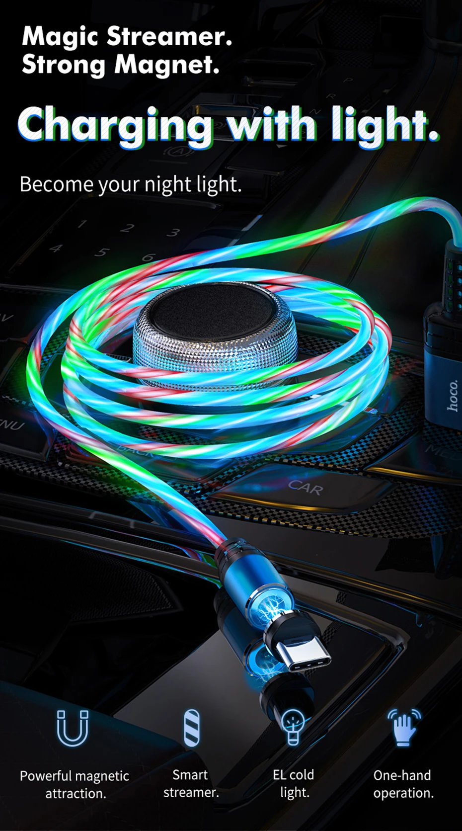 HOCO Magnetic USB Cable Fast Charging Type C Cable Magnet Charger Data Charge streamer Night light cord