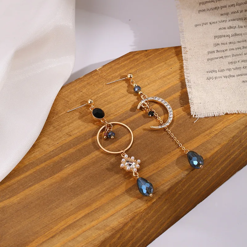 

Vintage Asymmetrical Earring Retro Rhinestone Moon Blue Crystal Drop Earrings for Women Fashion Wedding Party Jewelry