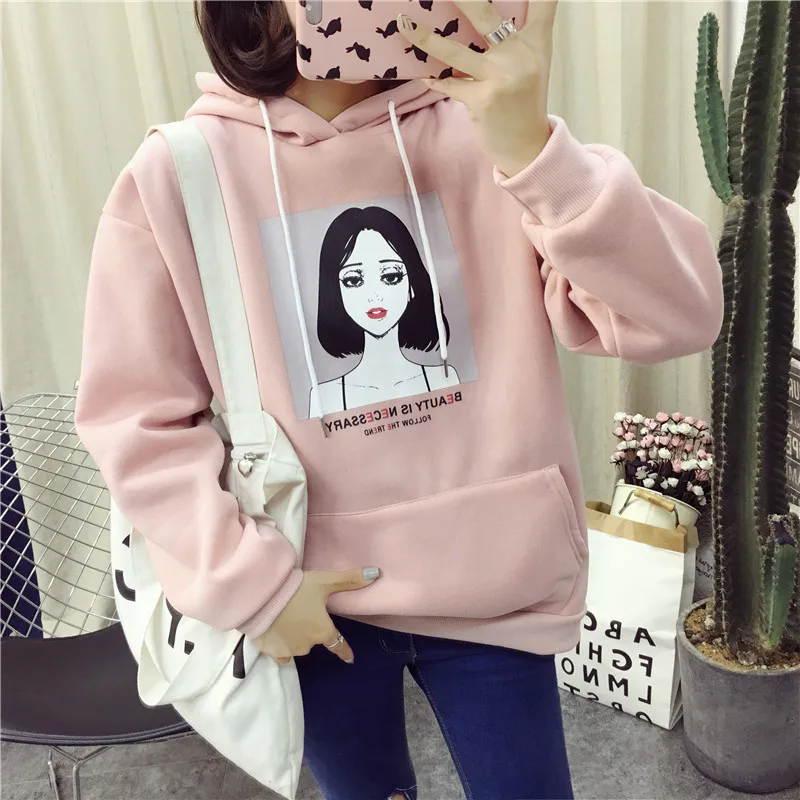 pink Повседневные толстовки с капюшоном, Женская Толстовка в Корейском стиле, осень, студенческий свободный Толстый Пуловер с буквенным принтом, с карманами, с длинным рукавом, с капюшоном, топы для девушек - Цвет: pink