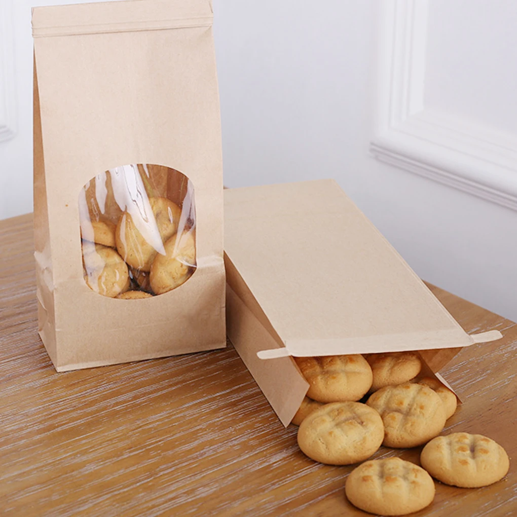 

50Pcs Bakery Bags with Clear Window Sealing Grease Proof Kraft Paper Bag for Food Snacks Cookie Coffee