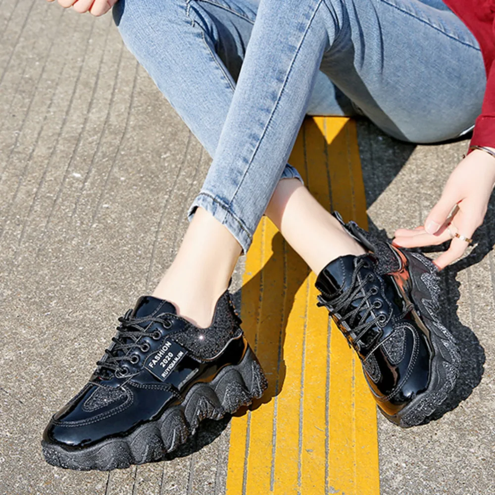 

Spring Casual Women Shoes Chunky Sneakers Shoes Breathable Bling Black Vulcanized Shoes Woman Lace Up Basket Femme Scarpe Donna