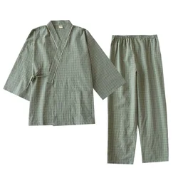 Japanese Style Cotton Gauze Crepe Kimono Spring and Autumn Men's Plaid Home Service Suit Bathrobe Japanese Sweat Steamed Suit