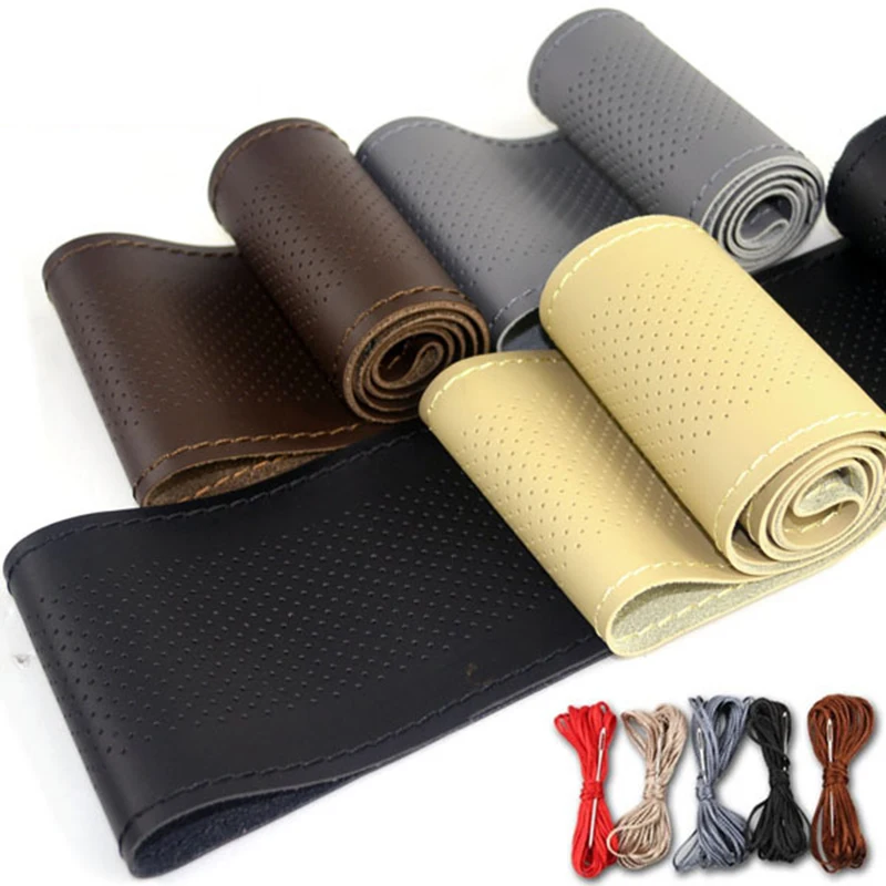 

DIY Micro Fiber leather Car Steering Wheel Cover Soft Anti slip handsewn car steering wheel sleeve 38CM Interior Accessories